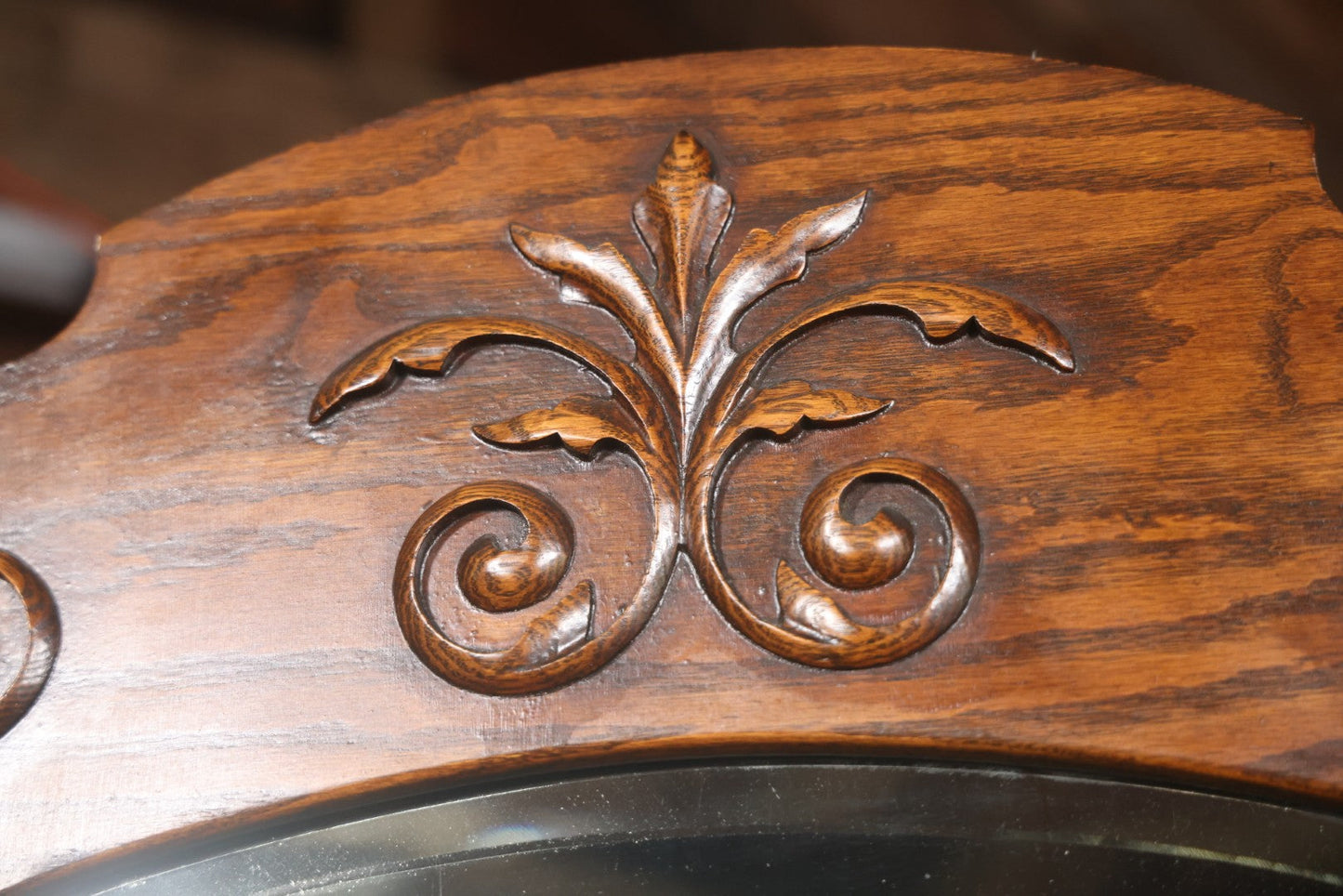 Antique Oak Hall Tree With Mirror And Storage Bench, Carved Scrollwork, Original Hardware, Circa Early 20th Century