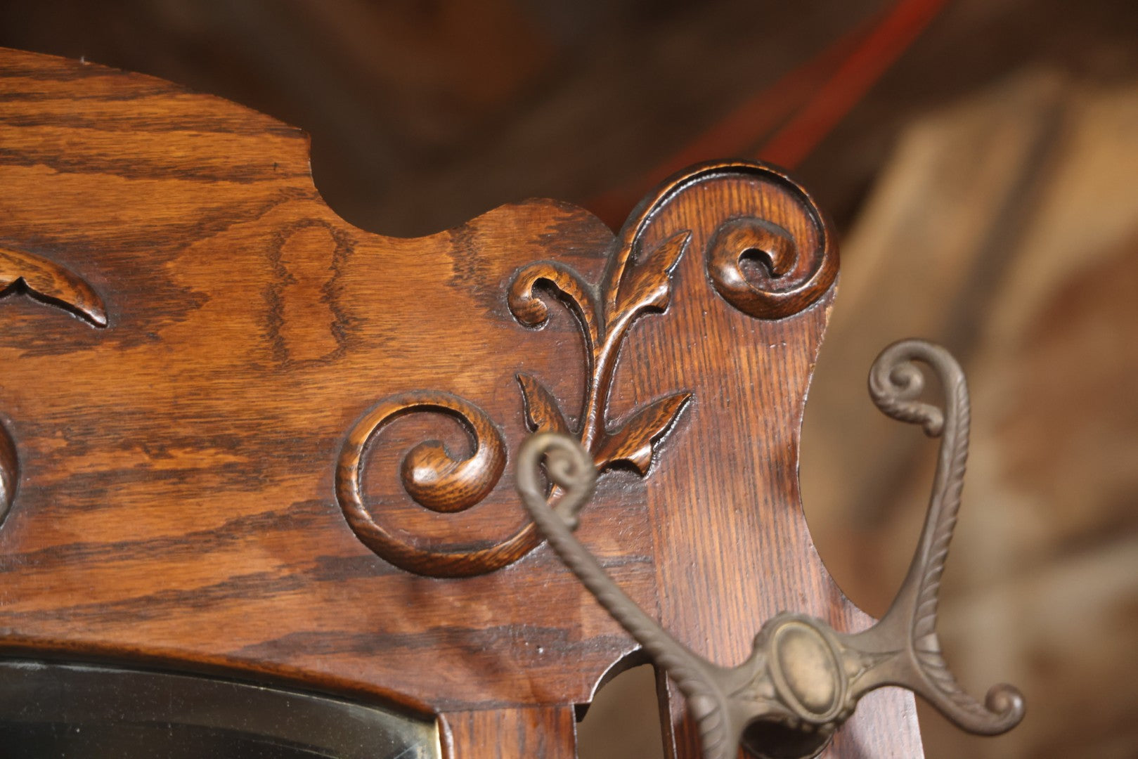 Antique Oak Hall Tree With Mirror And Storage Bench, Carved Scrollwork, Original Hardware, Circa Early 20th Century