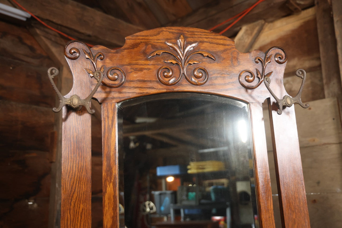 Antique Oak Hall Tree With Mirror And Storage Bench, Carved Scrollwork, Original Hardware, Circa Early 20th Century