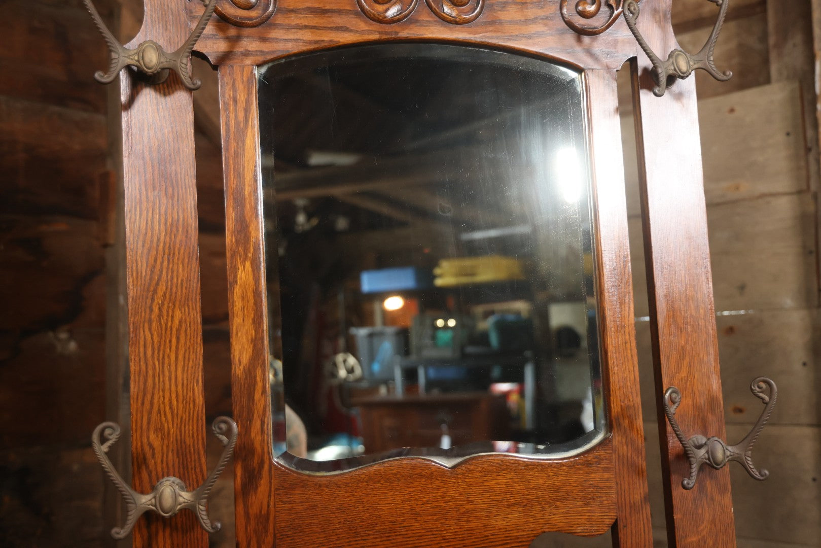 Antique Oak Hall Tree With Mirror And Storage Bench, Carved Scrollwork, Original Hardware, Circa Early 20th Century