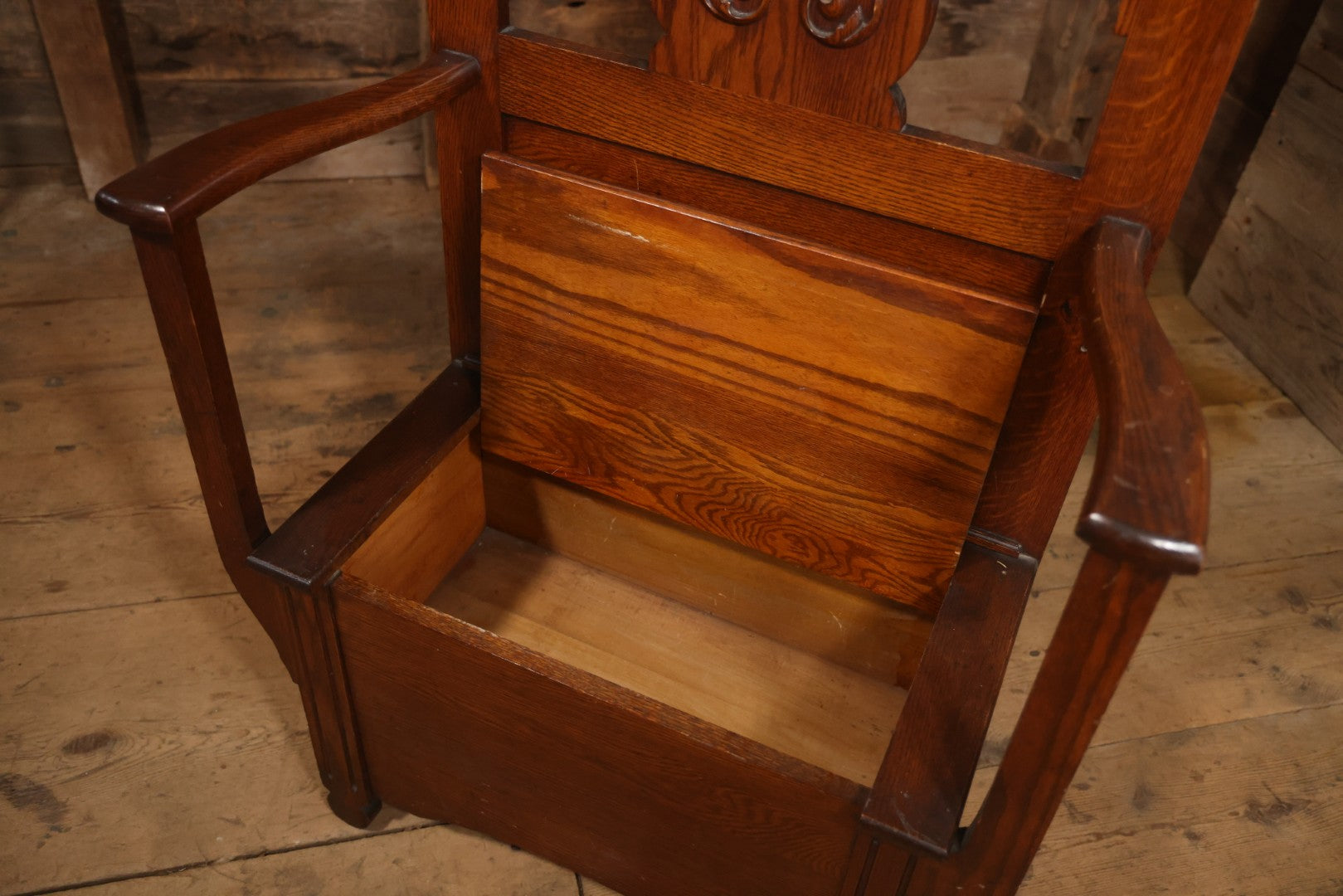 Antique Oak Hall Tree With Mirror And Storage Bench, Carved Scrollwork, Original Hardware, Circa Early 20th Century