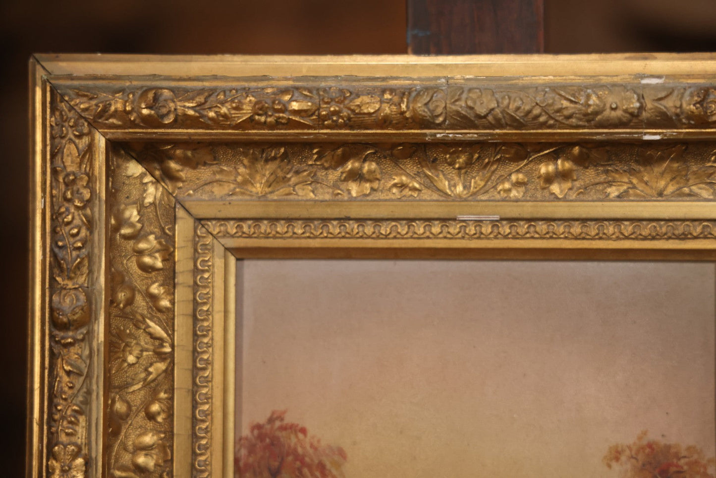 Antique Oil On Canvas Landscape Painting With Figure Overlooking Waterfall And River, Gilt Frame, 12-5/8" x 14-3/8"