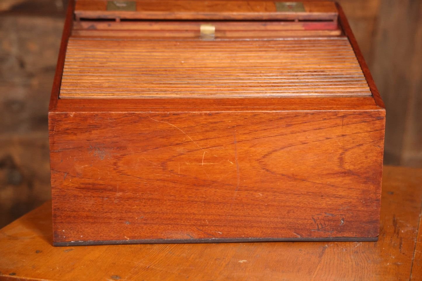 Antique Oak Desktop File Cabinet With Tambour Door