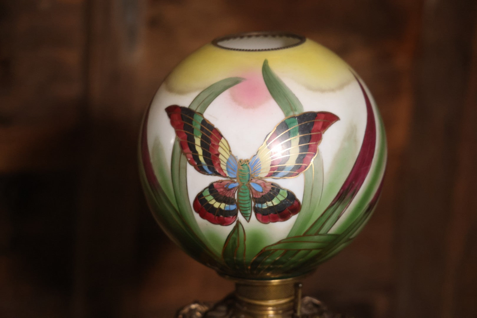 Antique Kerosene Lamp With Butterfly Painted Glass Globe And Font, 1890s Patent, Electric Conversion, 24-1/2" H