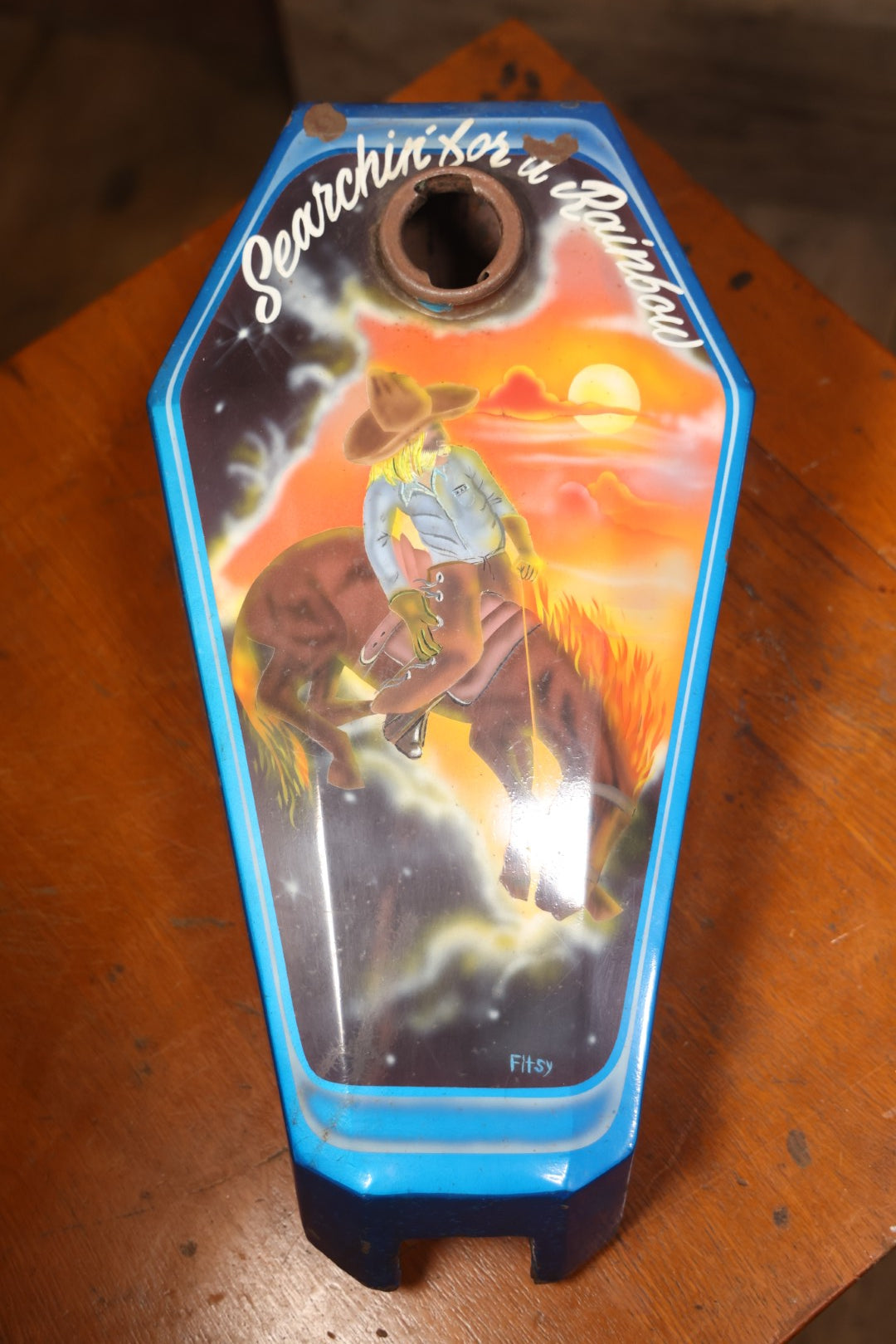 Vintage Hand-Painted Coffin Style Motorcycle Tank With Cowboy Scene, Signed Fitsy, “Searchin' For A Rainbow”
