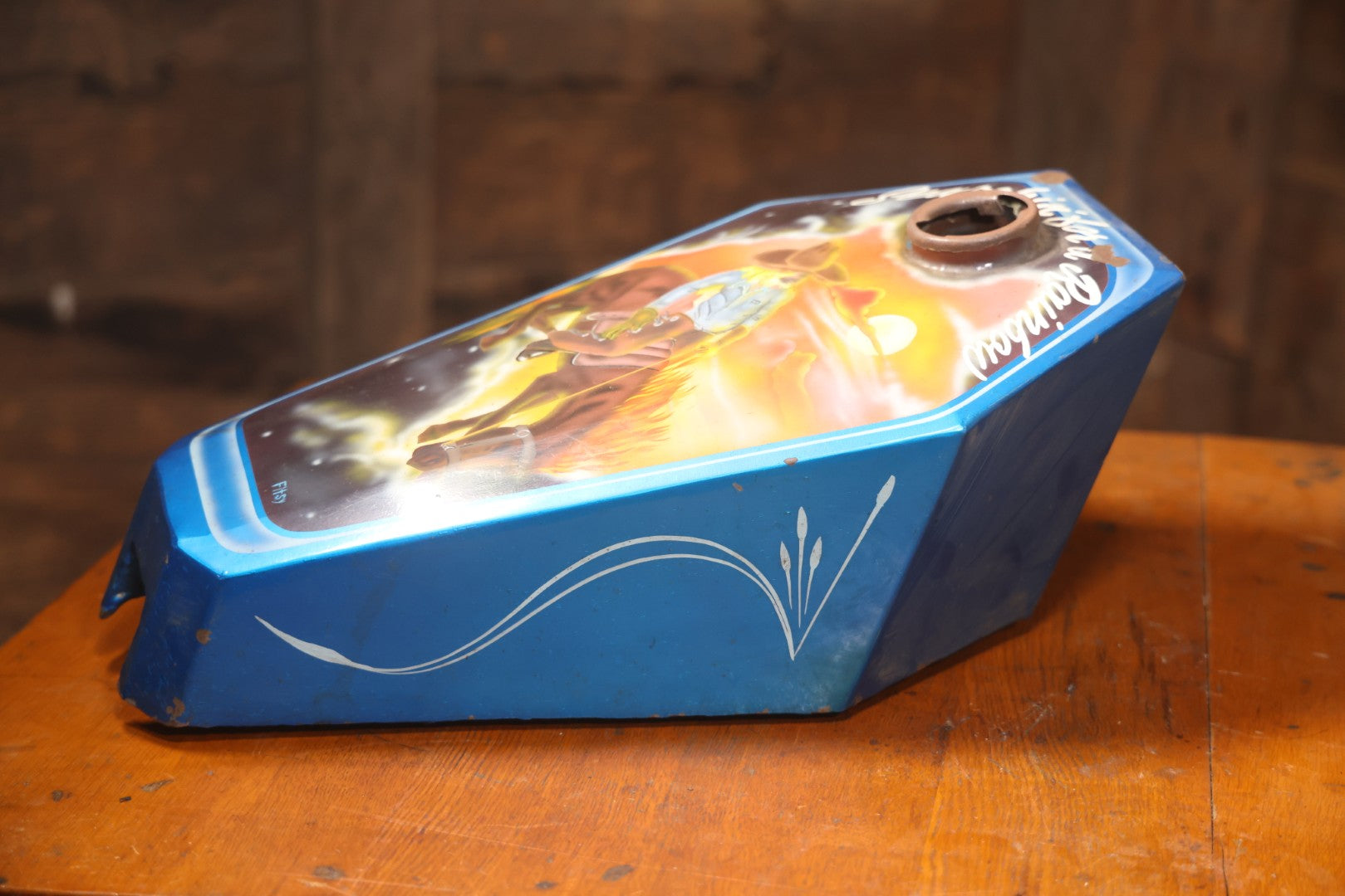 Vintage Hand-Painted Coffin Style Motorcycle Tank With Cowboy Scene, Signed Fitsy, “Searchin' For A Rainbow”