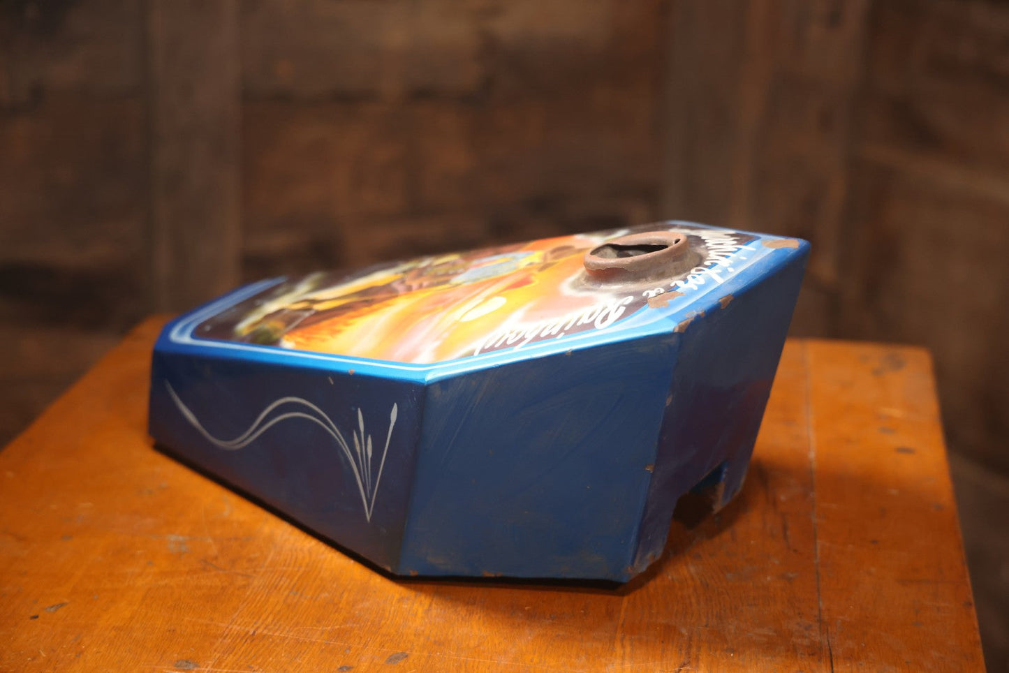 Vintage Hand-Painted Coffin Style Motorcycle Tank With Cowboy Scene, Signed Fitsy, “Searchin' For A Rainbow”