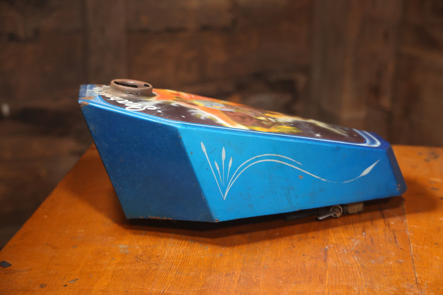 Vintage Hand-Painted Coffin Style Motorcycle Tank With Cowboy Scene, Signed Fitsy, “Searchin' For A Rainbow”