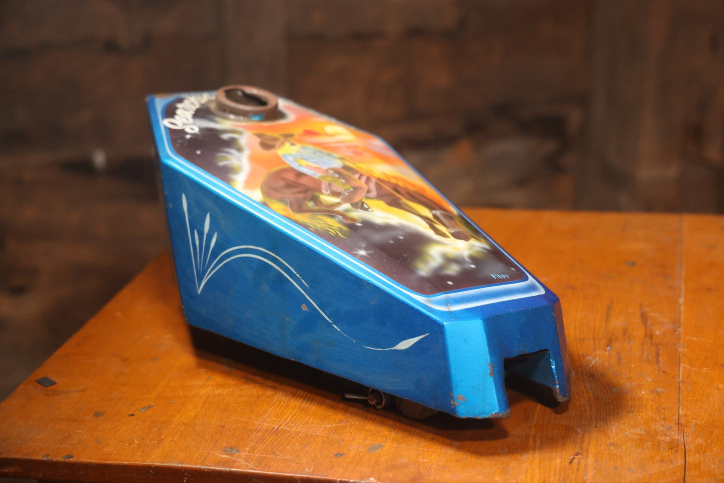 Vintage Hand-Painted Coffin Style Motorcycle Tank With Cowboy Scene, Signed Fitsy, “Searchin' For A Rainbow”