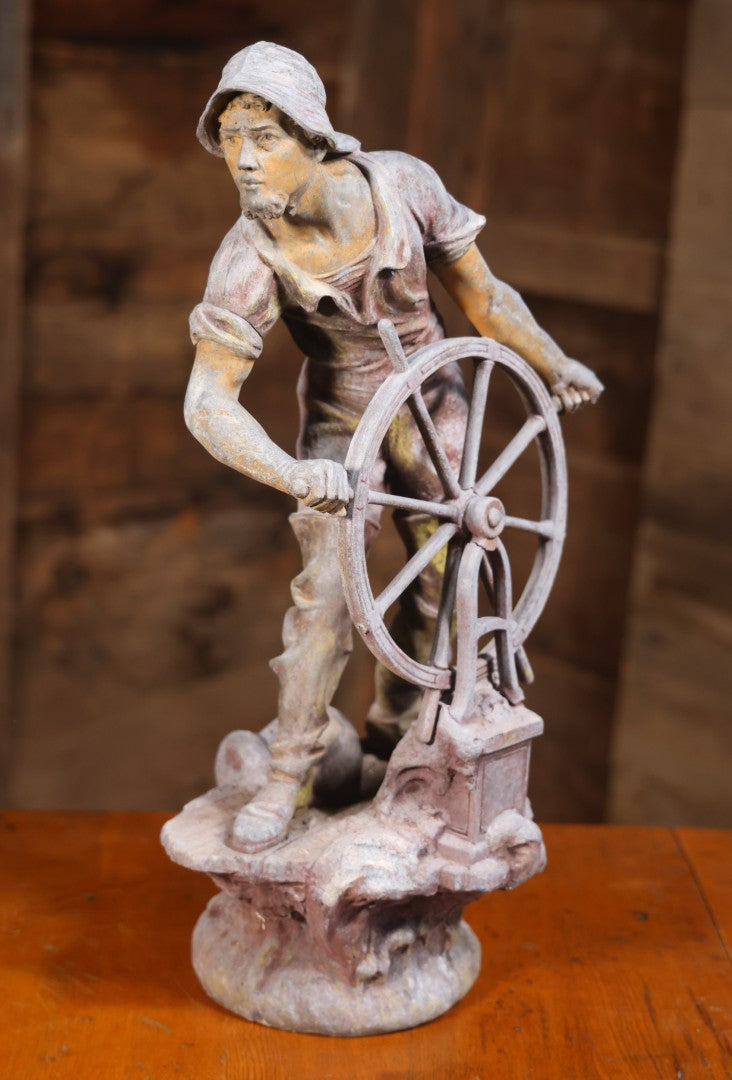 Antique Spelter Statue Of Ship Captain At Helm, After Xavier Raphanel (French, 1876–1957), 22-1/4" H
