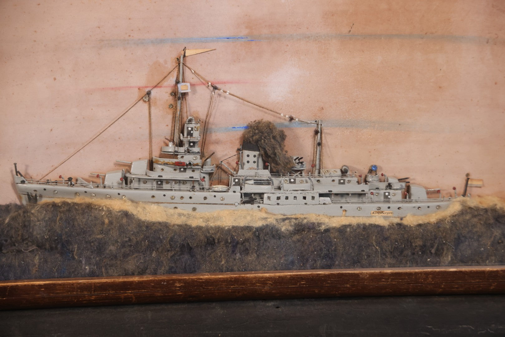 Vintage Folk Art Shadowbox Model Of HNLMS Van Kinsbergen Dutch Naval Sloop Battleship, World War II Era, 21" x 12-1/4"