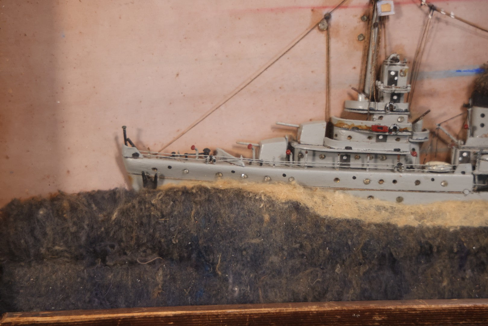 Vintage Folk Art Shadowbox Model Of HNLMS Van Kinsbergen Dutch Naval Sloop Battleship, World War II Era, 21" x 12-1/4"
