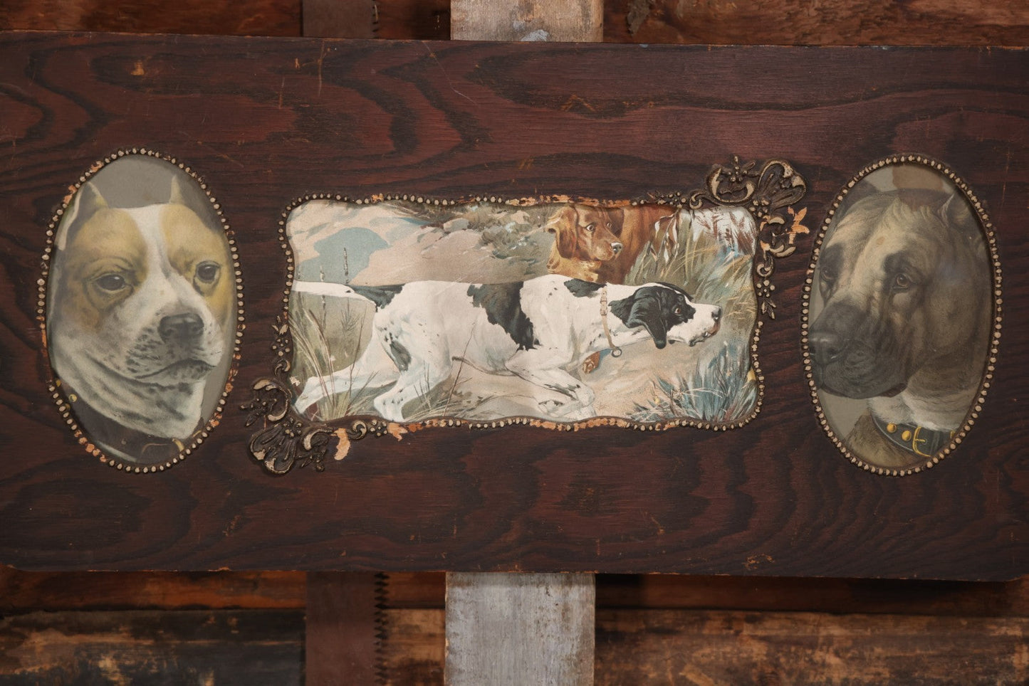 Antique Dog Print Tryptic With Hunting Dog And Staffordshire Terriers, In Oak Panel Frame With Gesso Decoration, 26" x 13"