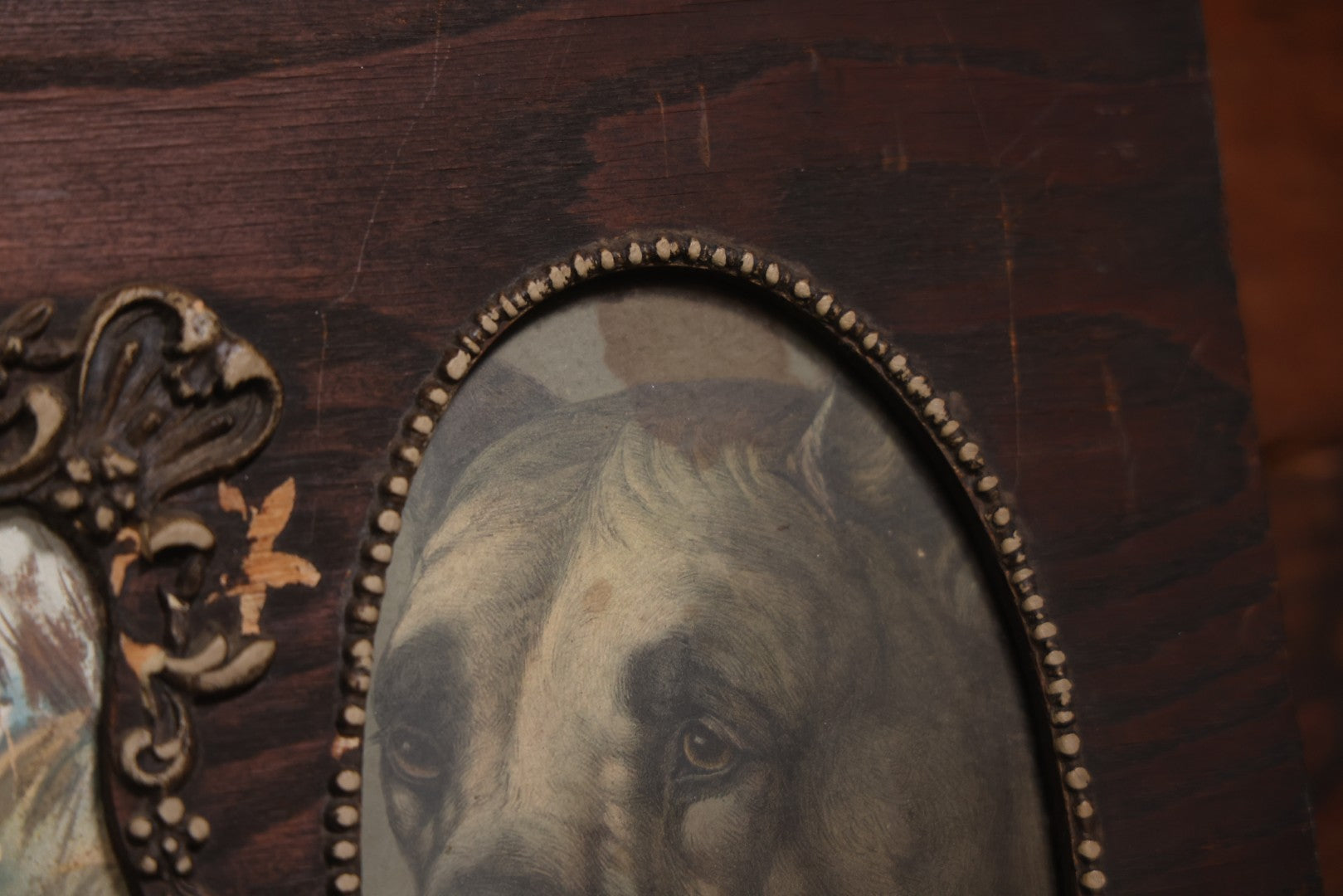Antique Dog Print Tryptic With Hunting Dog And Staffordshire Terriers, In Oak Panel Frame With Gesso Decoration, 26" x 13"