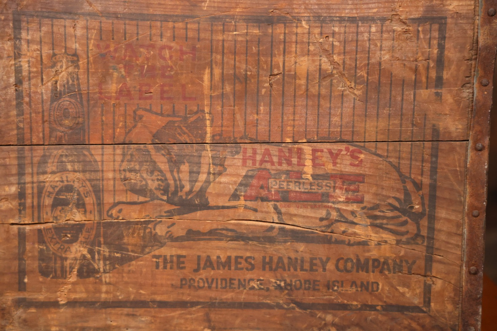 Hanley's Peerless Ale Wooden Advertising Crate With Bulldog Graphics, The James Hanley Company, Providence, Rhode Island