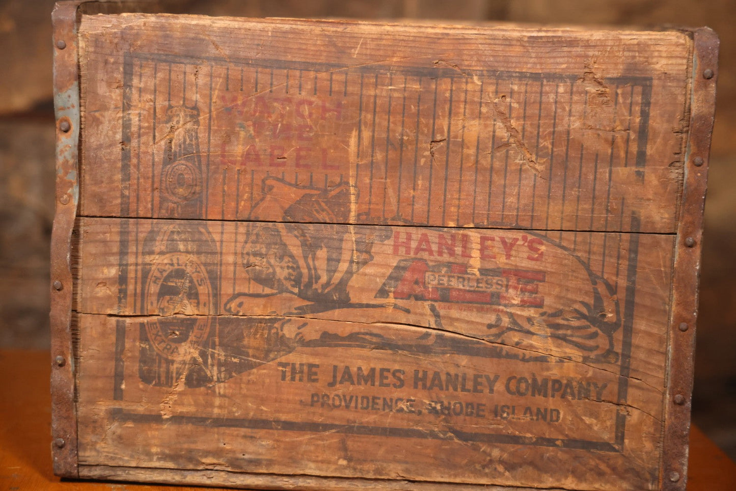 Hanley's Peerless Ale Wooden Advertising Crate With Bulldog Graphics, The James Hanley Company, Providence, Rhode Island