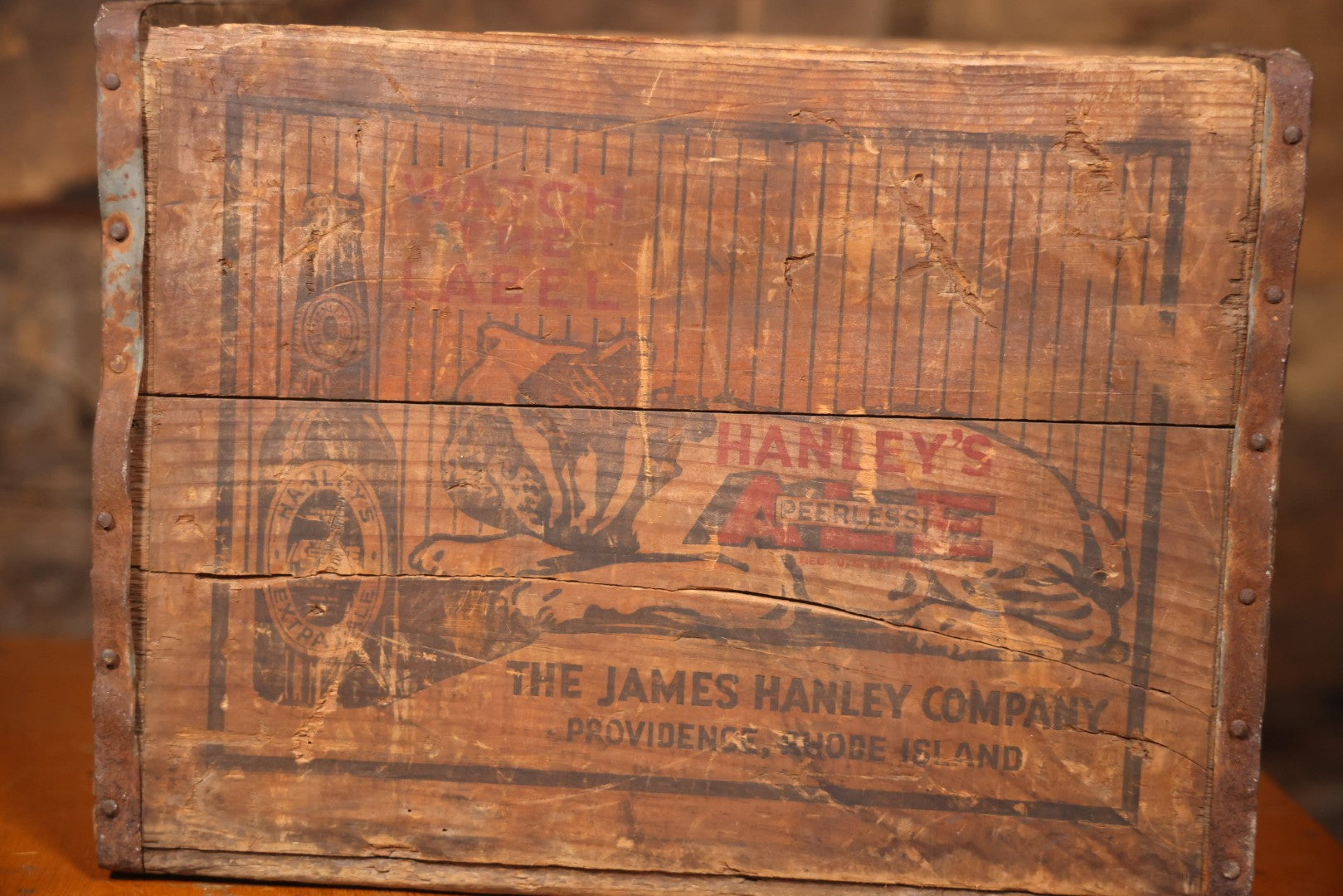 Hanley's Peerless Ale Wooden Advertising Crate With Bulldog Graphics, The James Hanley Company, Providence, Rhode Island