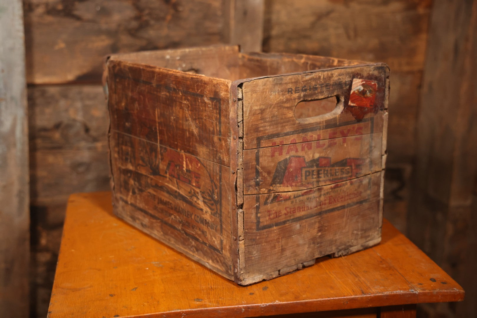 Hanley's Peerless Ale Wooden Advertising Crate With Bulldog Graphics, The James Hanley Company, Providence, Rhode Island