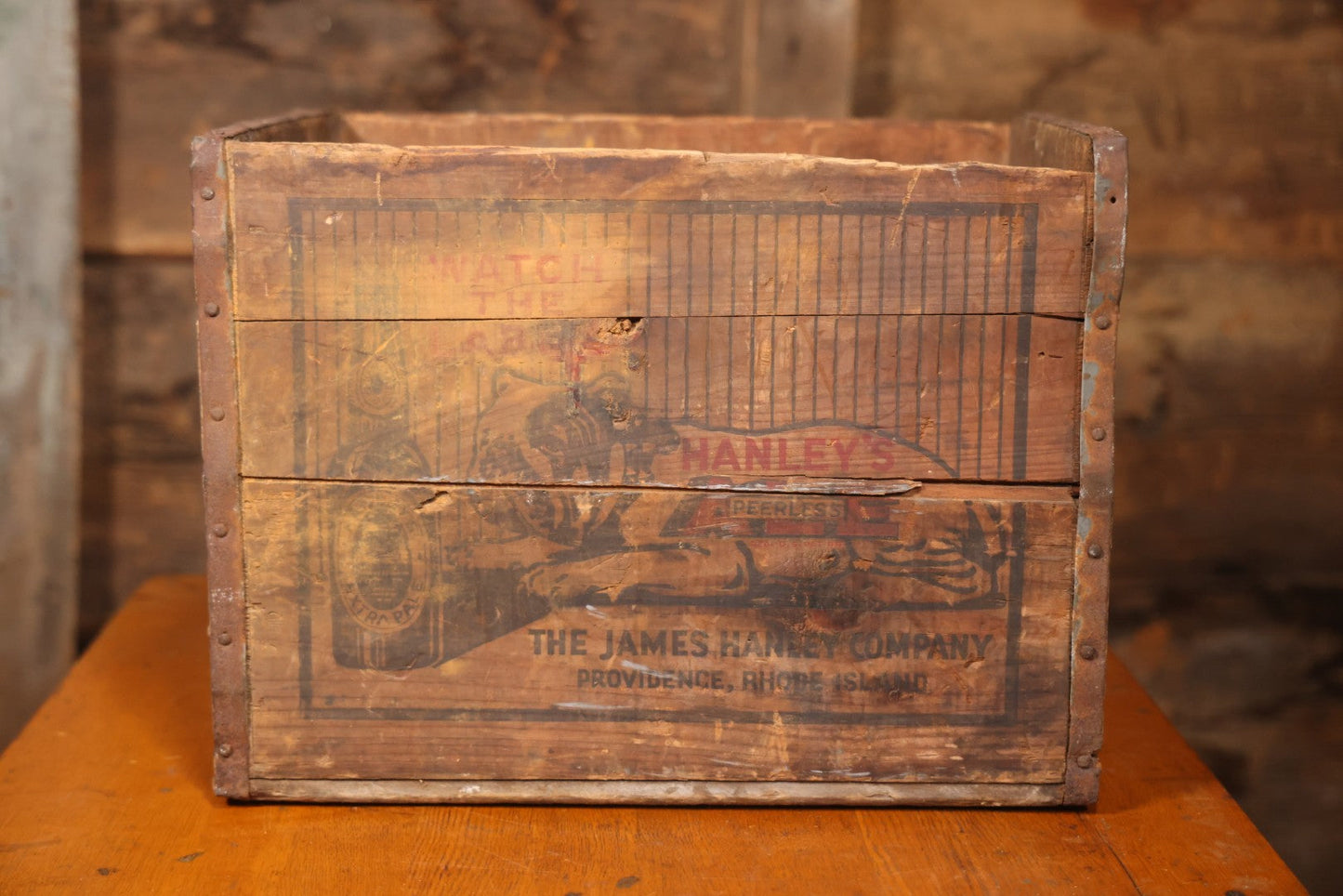 Hanley's Peerless Ale Wooden Advertising Crate With Bulldog Graphics, The James Hanley Company, Providence, Rhode Island