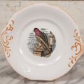 Lot 014 - Antique Hand Colored Transferware Plate With Falcon And Castle, Pink And Orange Coloring, Metallic Orange Painted Design On Handles And Rim, Unmarked, 9-1/8" Diameter