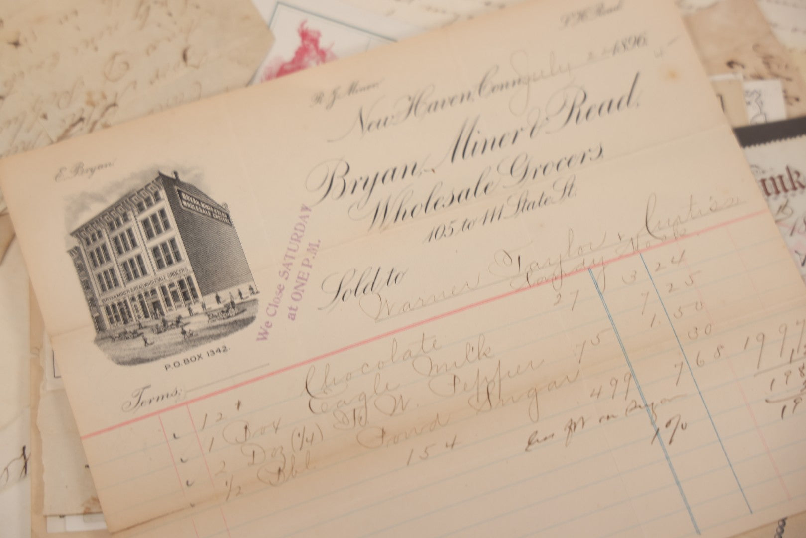 Lot 045 - Discovery Grouping Of 50+ Pieces Of Antique Handwritten & Printed Ephemera, Including Skowhegan House Maine Hotel Ledger Page, Bryan Miner & Reed Wholesale Grocers Billhead, With Checks, Letters & Receipts