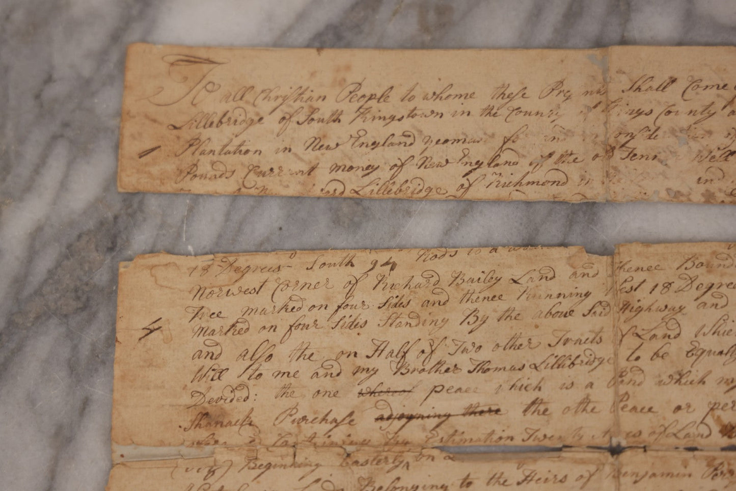 Lot 047 - Grouping Of Four Early Antique Handwritten Documents, Including Bills, Property Transfers & Land Descriptions, Circa 1800, Note Wear, Tears, Losses & Splits