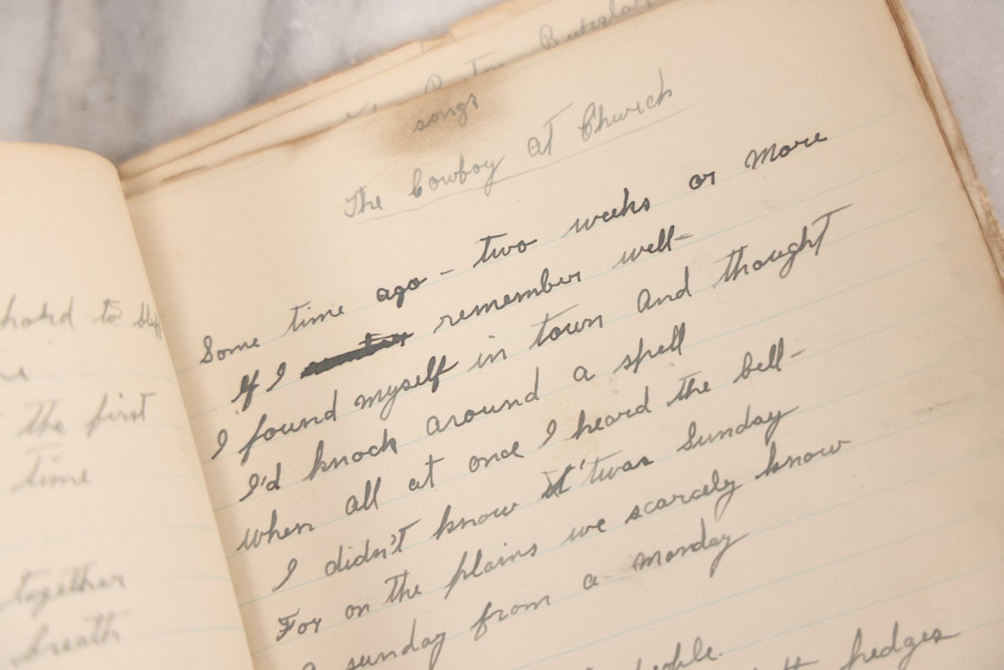 Lot 052 - Vintage Handwritten Composition Notebook Of Marshall Amos, Milltown, Maine, 1930s Containing Original Poems & Songs With Bizarre And Violent Themes, Plus Copied Writings From Shakespeare, Thomas Gray & Others