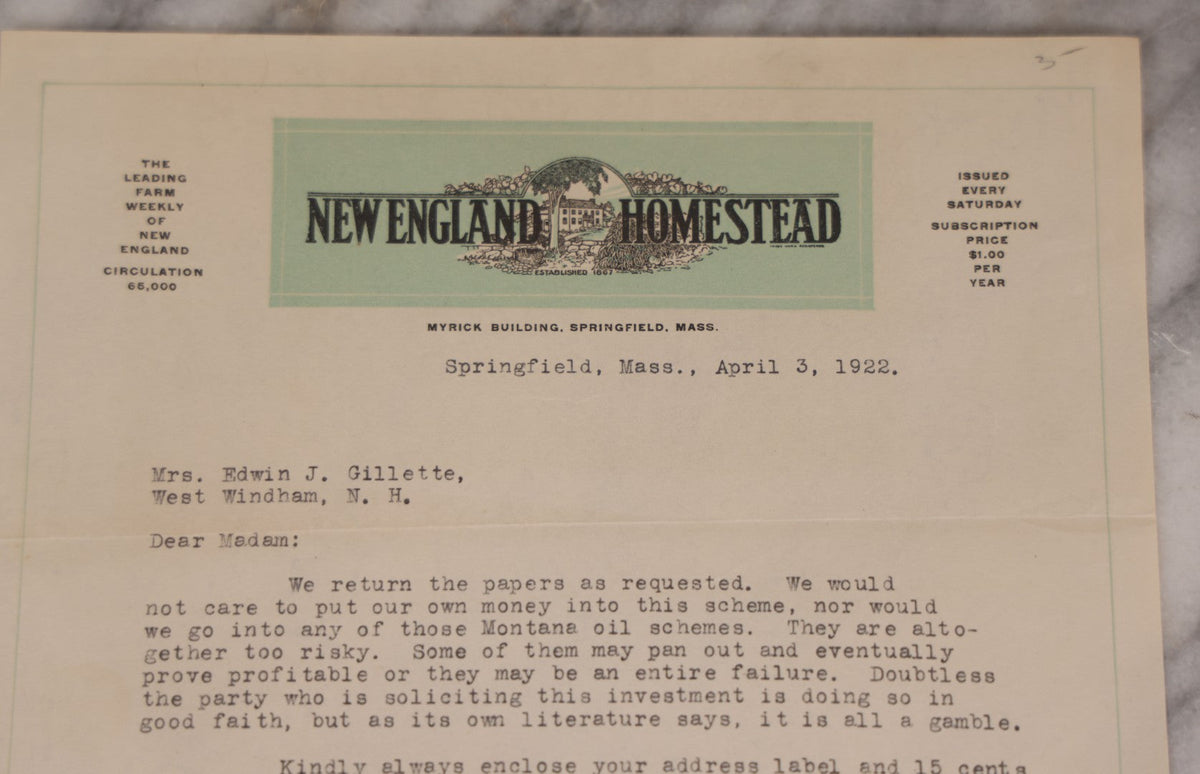 Springfield Ma Letter Lot 077 - Antique Typewritten Letter On New England Homestead Letterhe ...