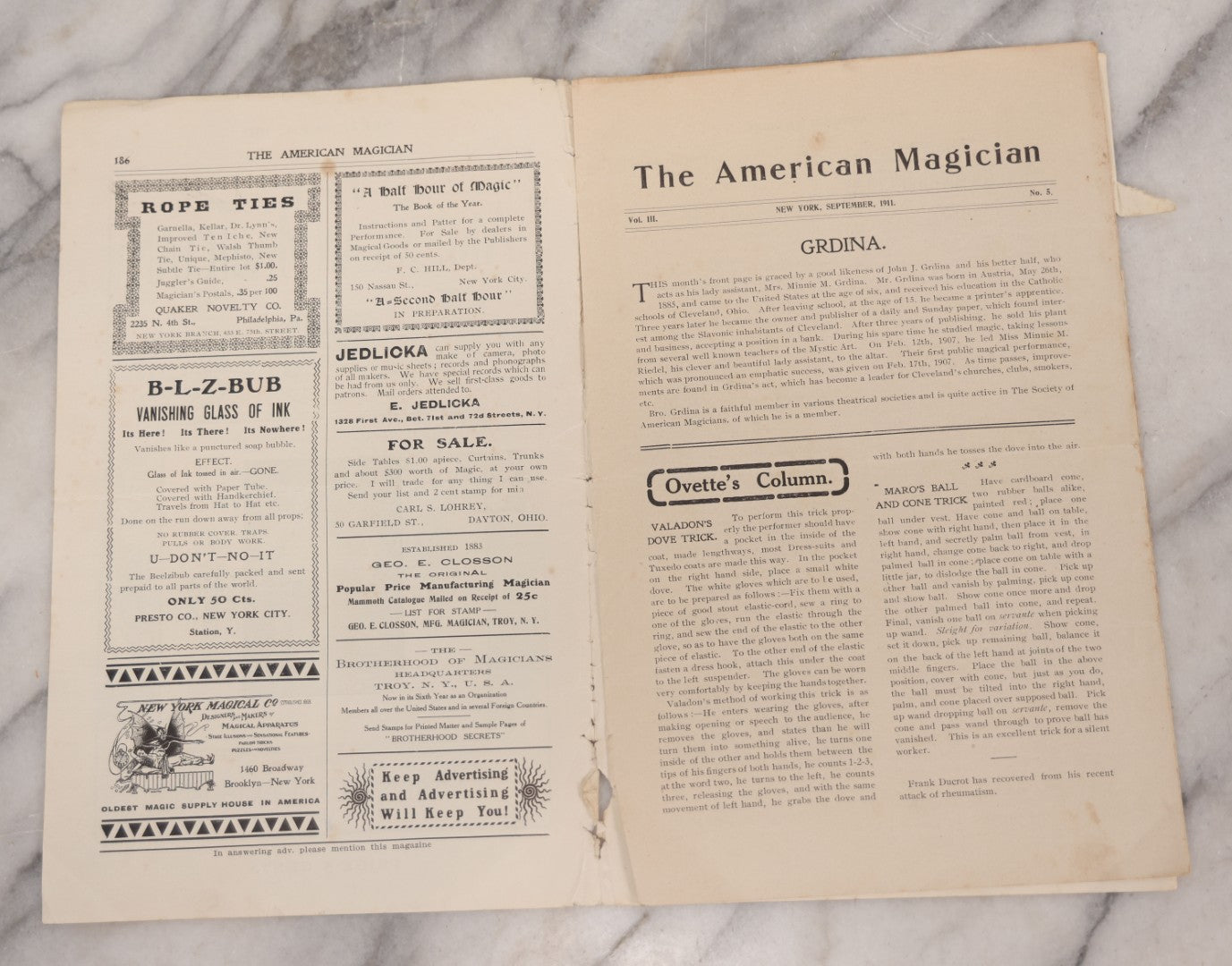 Lot 082 - "The American Magician" Antique Magazine, September 1911, Edition, Vol. III, Published By Presto Company, New York City, Featuring The Metropolitan Organ Of The Brotherhood Of Magicians, Cover With The Grdinas