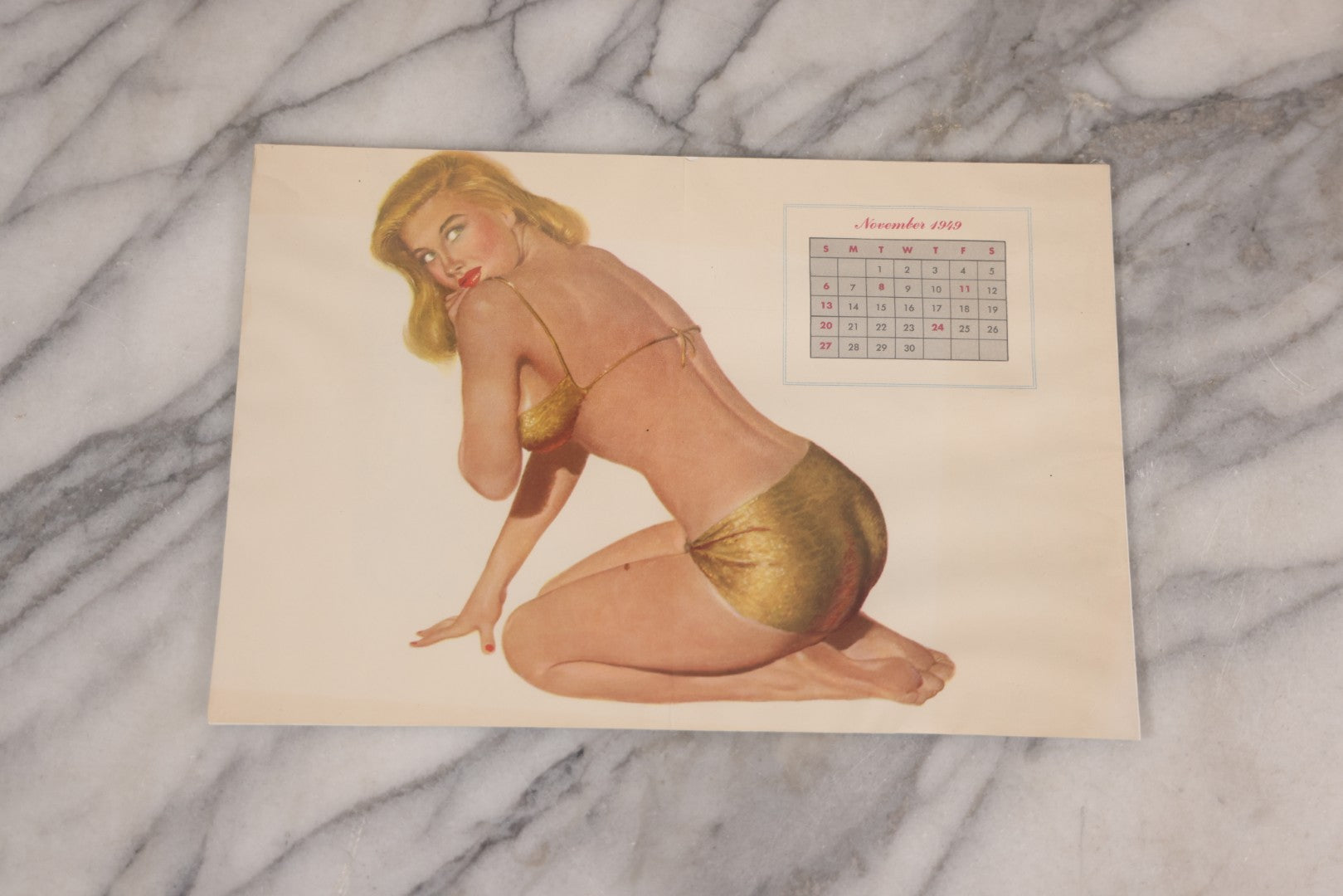 Lot 087 - Grouping Of Three Vintage Pin-Up Calendar Pages Including April 1949, November 1949, And October 1950, Illustrated With Risqué Women
