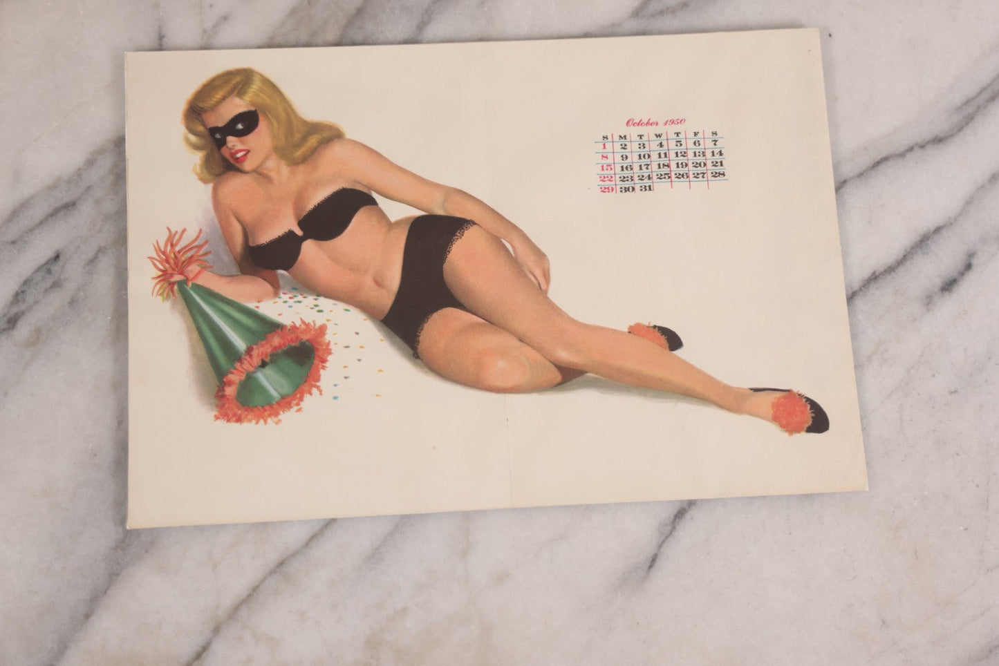 Lot 087 - Grouping Of Three Vintage Pin-Up Calendar Pages Including April 1949, November 1949, And October 1950, Illustrated With Risqué Women