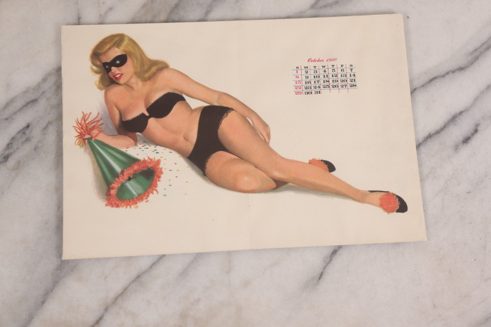 Lot 087 - Grouping Of Three Vintage Pin-Up Calendar Pages Including April 1949, November 1949, And October 1950, Illustrated With Risqué Women