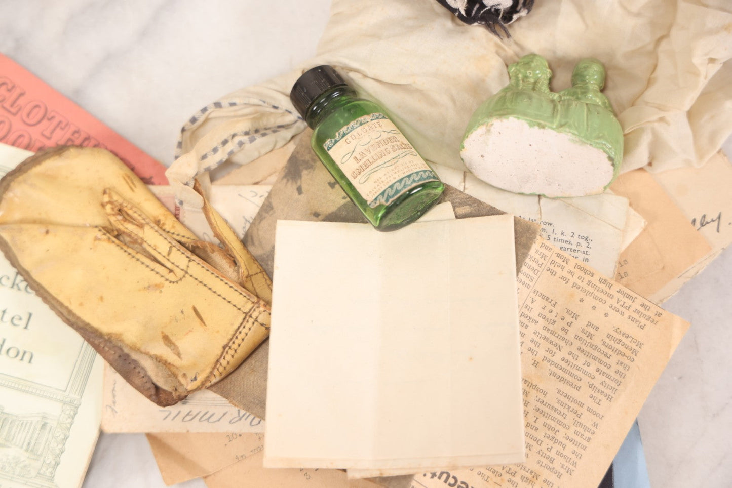 Lot 093 - Vintage "Proof Of Life" Junk Drawer Box Lot Belonging To Annie Casslake, With Ephemera, Textiles, Jewelry, Shoes, Passport, Bottles, And More