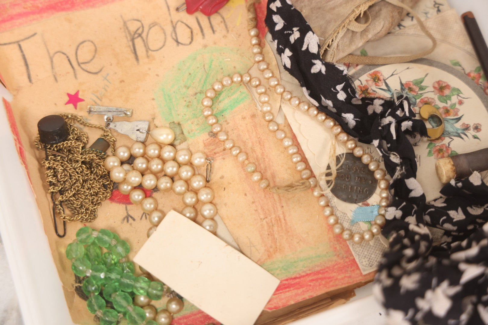 Lot 093 - Vintage "Proof Of Life" Junk Drawer Box Lot Belonging To Annie Casslake, With Ephemera, Textiles, Jewelry, Shoes, Passport, Bottles, And More