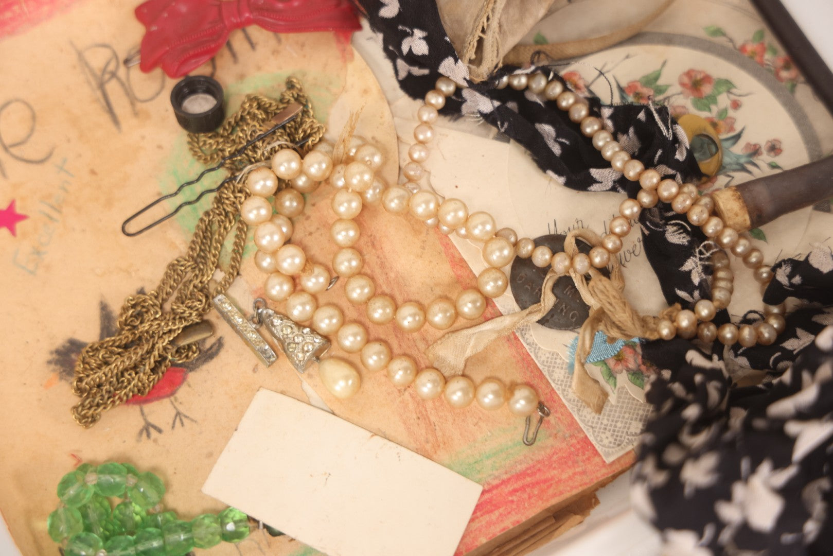 Lot 093 - Vintage "Proof Of Life" Junk Drawer Box Lot Belonging To Annie Casslake, With Ephemera, Textiles, Jewelry, Shoes, Passport, Bottles, And More