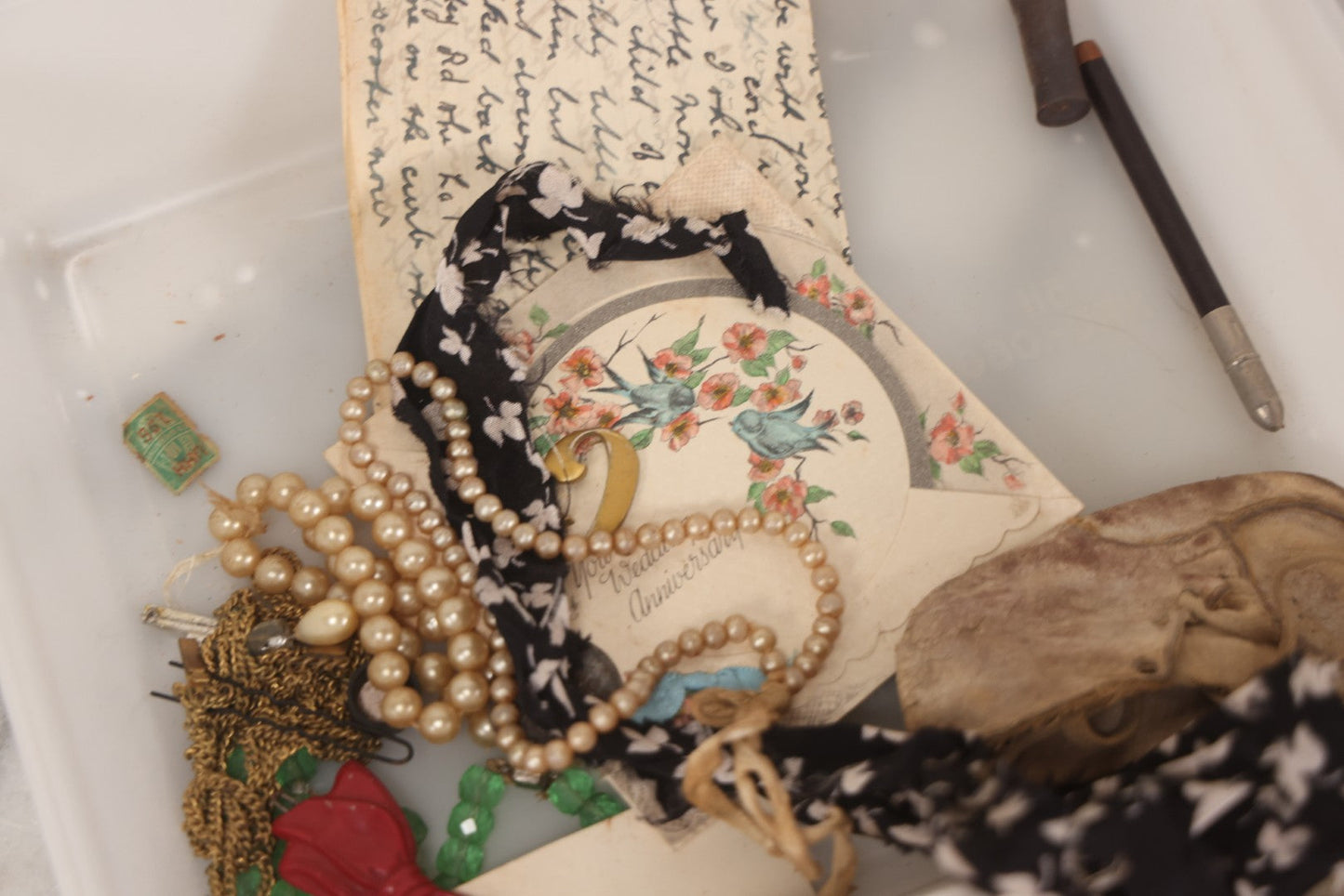 Lot 093 - Vintage "Proof Of Life" Junk Drawer Box Lot Belonging To Annie Casslake, With Ephemera, Textiles, Jewelry, Shoes, Passport, Bottles, And More