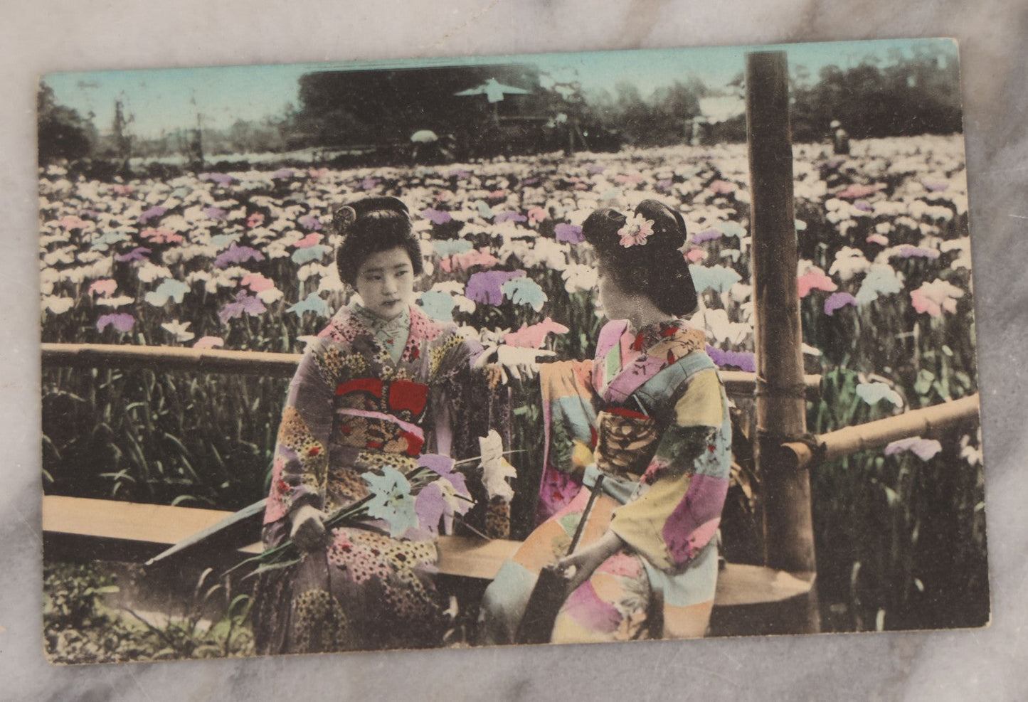 Lot 094 - Grouping Of Six Antique Hand-Colored Postcards Of Life In Japan, Including Women Playing A Game And Cherry Blossoms At Uyeno Park, Tokyo, Made In Japan