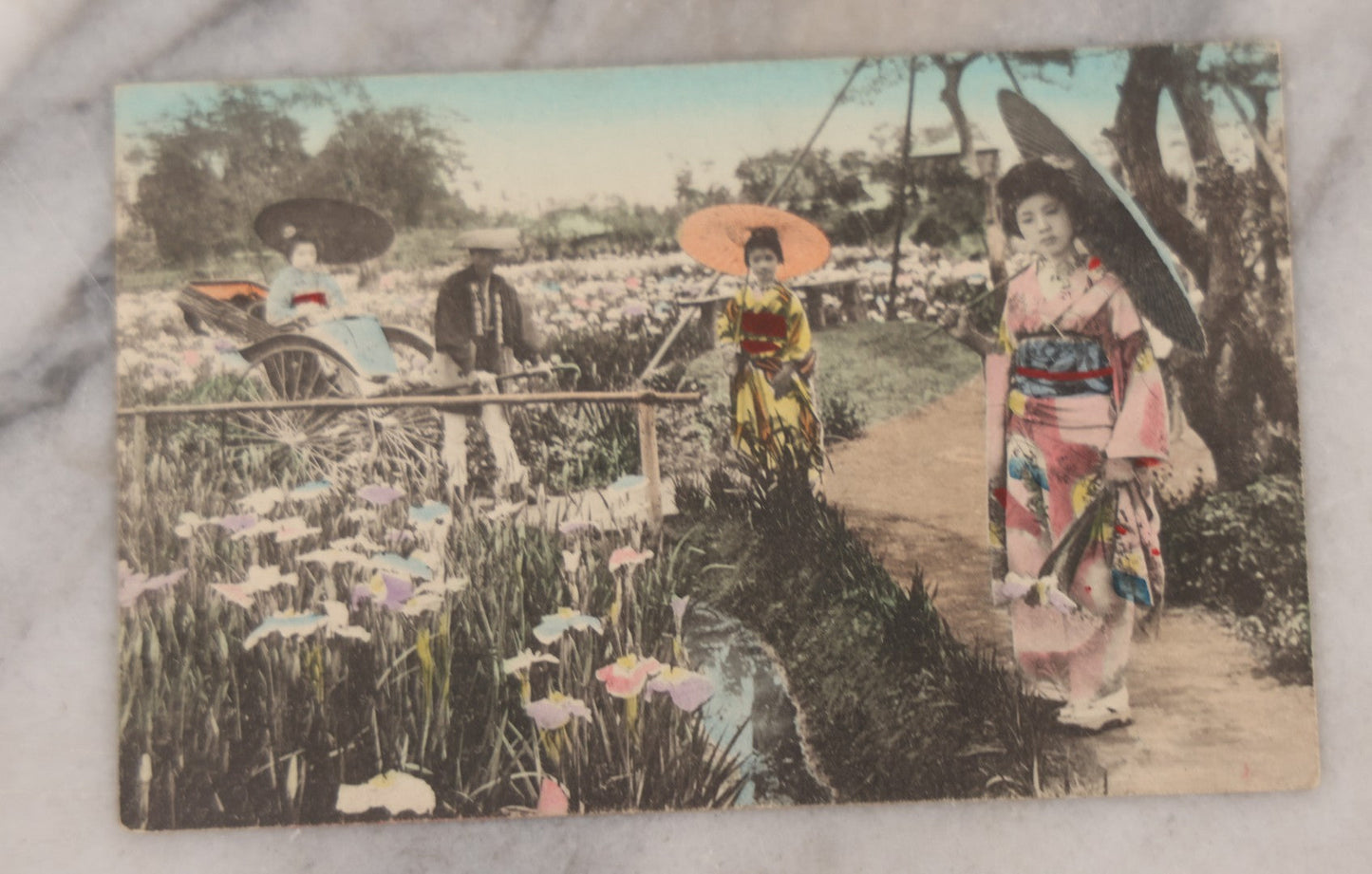 Lot 094 - Grouping Of Six Antique Hand-Colored Postcards Of Life In Japan, Including Women Playing A Game And Cherry Blossoms At Uyeno Park, Tokyo, Made In Japan