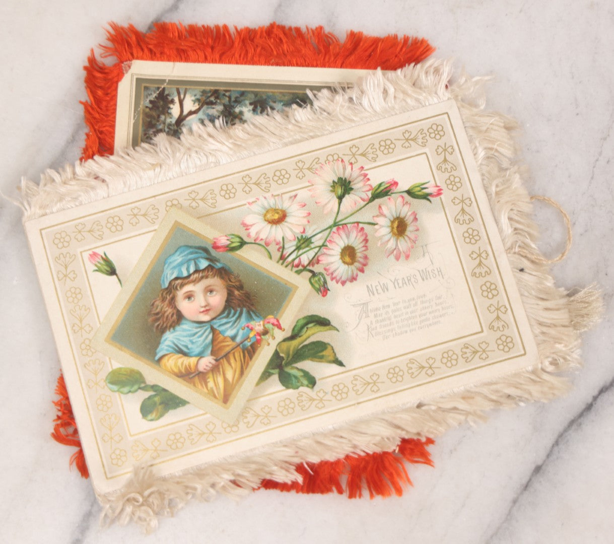 Lot 096 - Grouping Of Eight Antique Holiday Greeting Cards With Fabric Fringe, Including New Year's And Easter Lithograph Cards