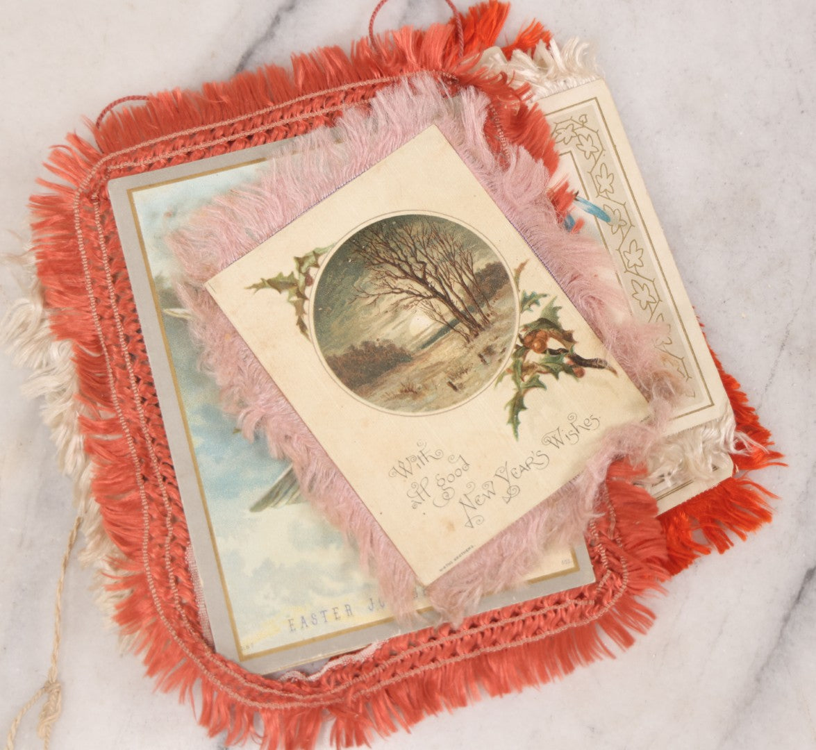 Lot 096 - Grouping Of Eight Antique Holiday Greeting Cards With Fabric Fringe, Including New Year's And Easter Lithograph Cards