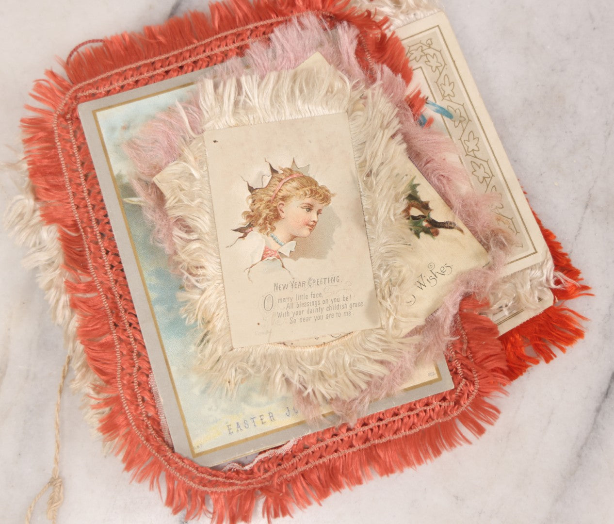 Lot 096 - Grouping Of Eight Antique Holiday Greeting Cards With Fabric Fringe, Including New Year's And Easter Lithograph Cards