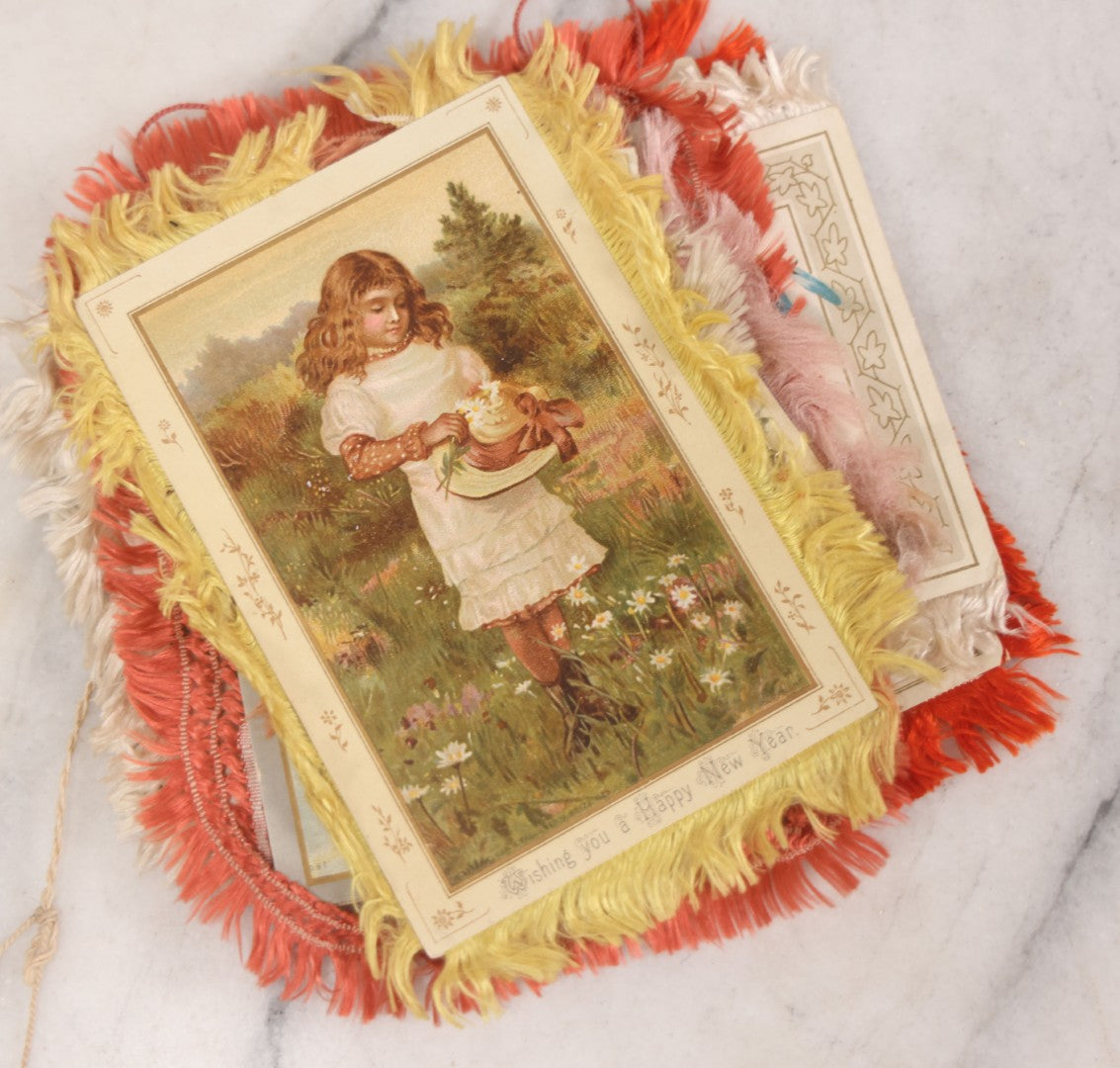 Lot 096 - Grouping Of Eight Antique Holiday Greeting Cards With Fabric Fringe, Including New Year's And Easter Lithograph Cards