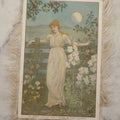 Lot 097 - Antique Lithographed Greeting Card With Fabric Fringe Featuring Young Ladies In White In Moonlit Gardens, Romantic Sayings, Illustrations Signed "H.K."