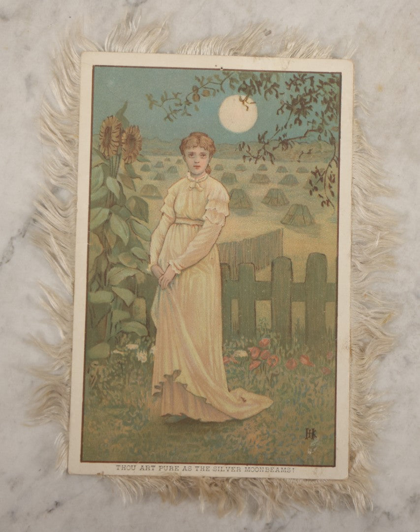 Lot 097 - Antique Lithographed Greeting Card With Fabric Fringe Featuring Young Ladies In White In Moonlit Gardens, Romantic Sayings, Illustrations Signed "H.K."
