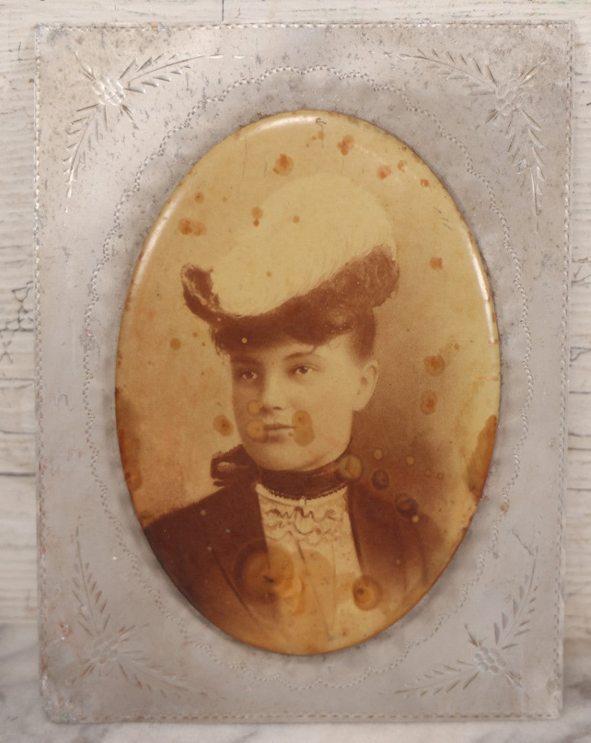 Lot 105 - Grouping Of Three Antique And Vintage Photographs Including Celluloid Photo Button, Wedding Photo From New Bedford, Massachusetts, And Photo Of Girl In Composite Frame