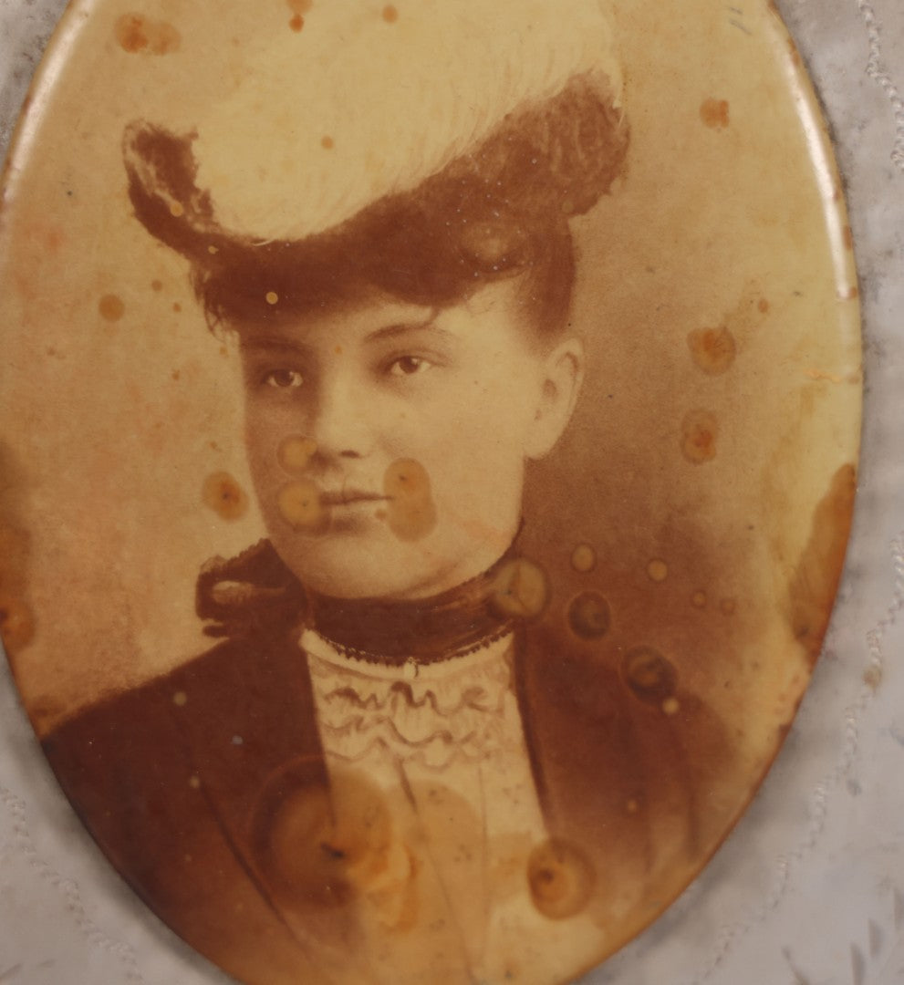 Lot 105 - Grouping Of Three Antique And Vintage Photographs Including Celluloid Photo Button, Wedding Photo From New Bedford, Massachusetts, And Photo Of Girl In Composite Frame