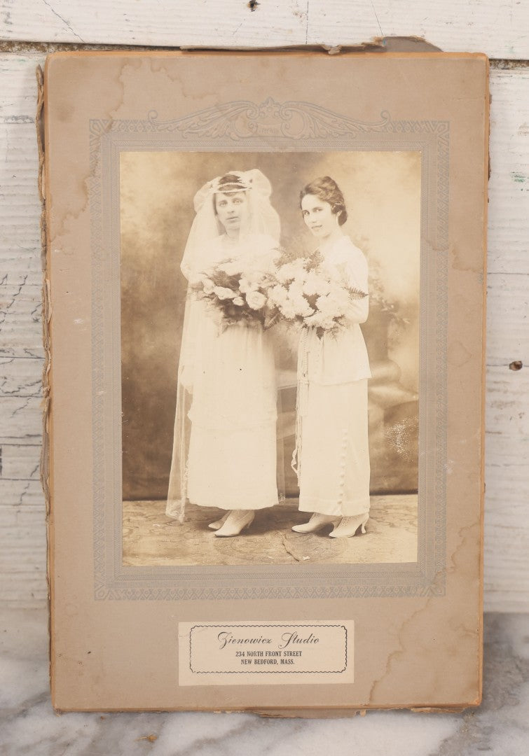 Lot 105 - Grouping Of Three Antique And Vintage Photographs Including Celluloid Photo Button, Wedding Photo From New Bedford, Massachusetts, And Photo Of Girl In Composite Frame