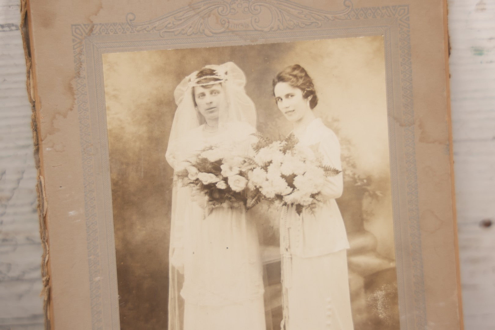 Lot 105 - Grouping Of Three Antique And Vintage Photographs Including Celluloid Photo Button, Wedding Photo From New Bedford, Massachusetts, And Photo Of Girl In Composite Frame