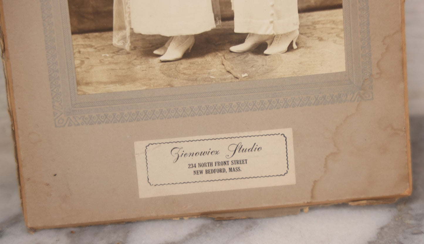 Lot 105 - Grouping Of Three Antique And Vintage Photographs Including Celluloid Photo Button, Wedding Photo From New Bedford, Massachusetts, And Photo Of Girl In Composite Frame