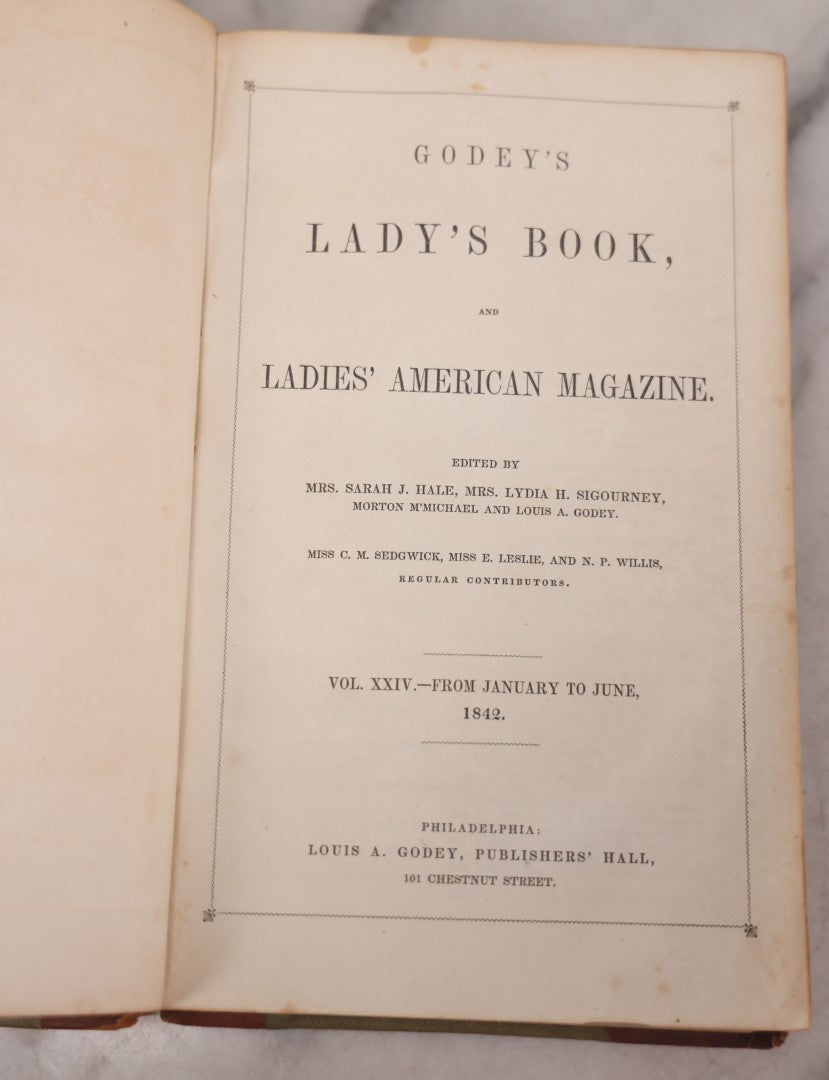 Lot 118 - "Godey's Lady's Book And Ladies American Magazine" Antique Compendium Book, Vol. XXIV, January–June 1842, Antique Book With Engravings, Published By Louis A. Godey, Publisher's Hall, Philadelphia
